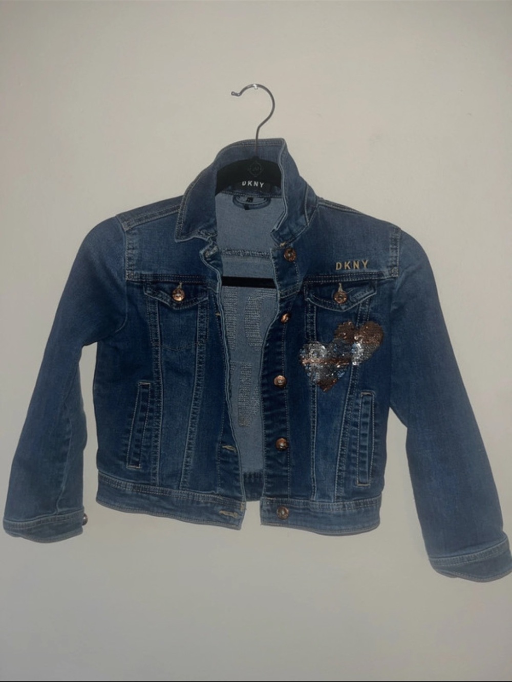 DKNY Girls Dark Blue Denim Jacket with Sequin Heart Patch